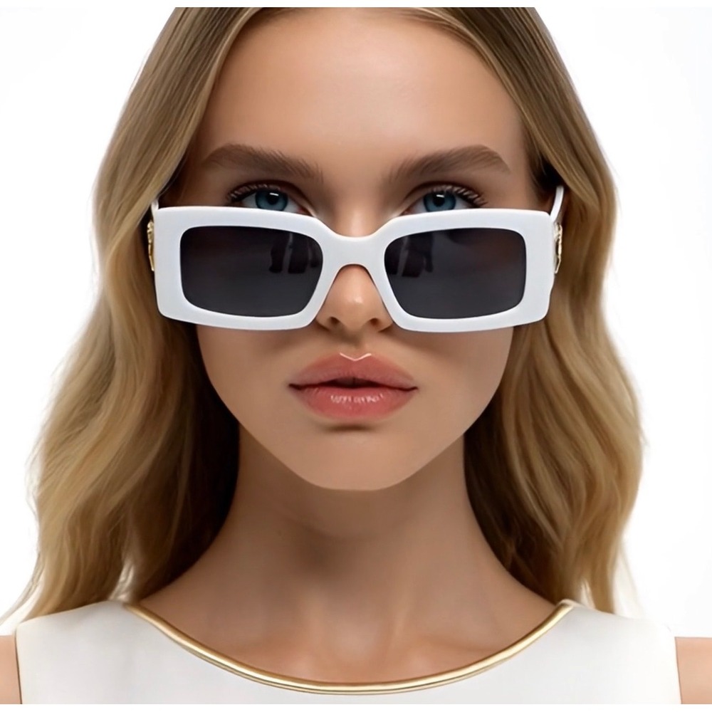 White Frame Sunglasses Rectangle Unique Visual Dark Black Lens UV40 Protection - Picture 9 of 9